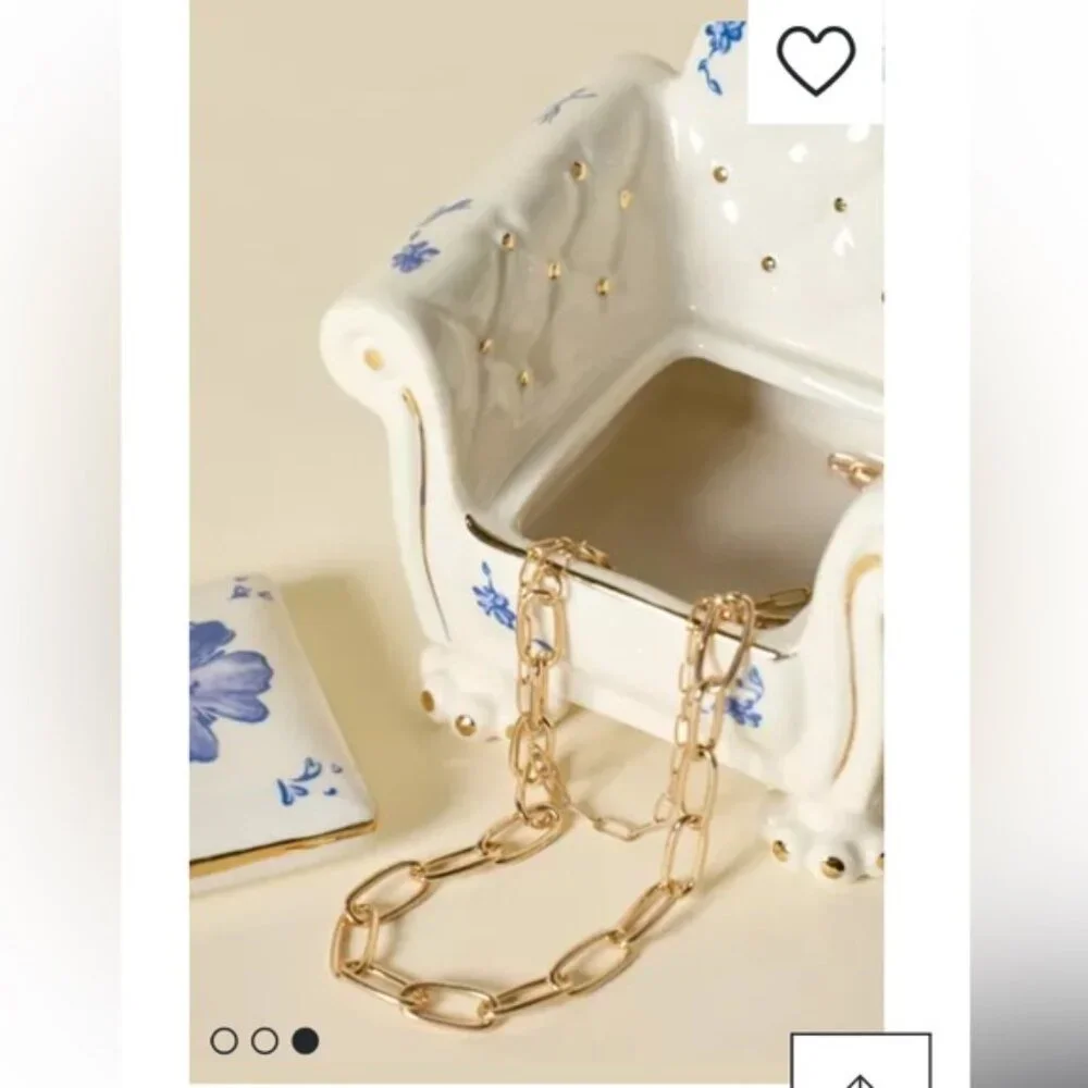 Urban Outfitters Ceramic Armchair Jewelry Box Holder White Blue Floral Unique